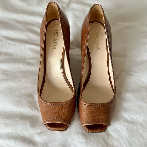 Prada Shoes - Prada Women's Tan Peep-Toe Wedges